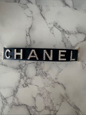 Chanel Leather and Strass "CHANEL" Logo Cuff Bracelet